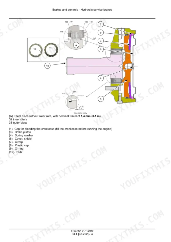 New Holland 9050L, 9070L, 9070M grape harvester brake disc stack cross-section with numbered parts and callouts