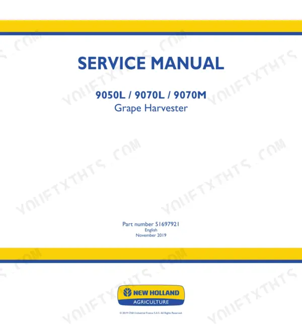 New Holland 9050L, 9070L, 9070M grape harvester service manual cover page with title text and logo