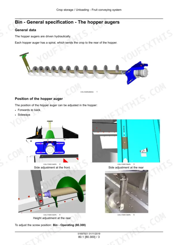 New Holland 9050L, 9070L, 9070M grape harvester auger spiral drawing and four close-up views of auger adjustment