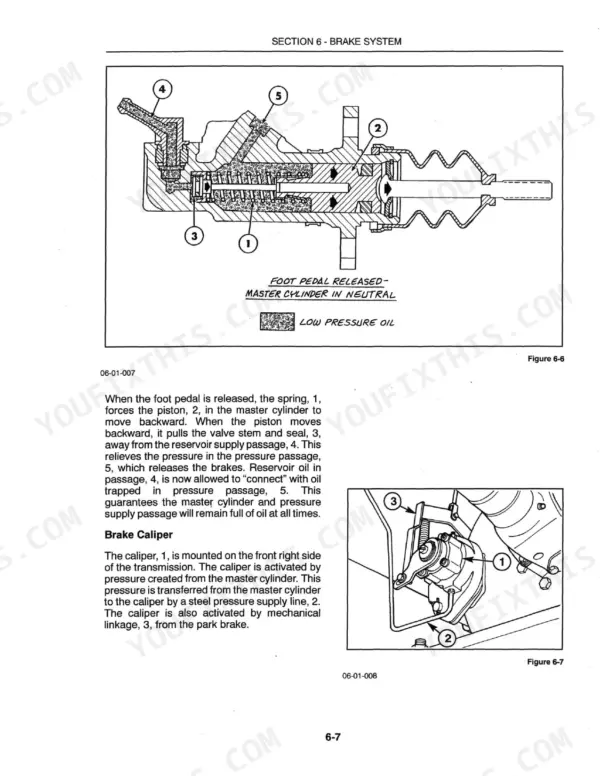 New Holland 9184, 9384, 9484, 9684, 9884 tractor brake system page with master cylinder cutaway diagram and caliper mounting illustration