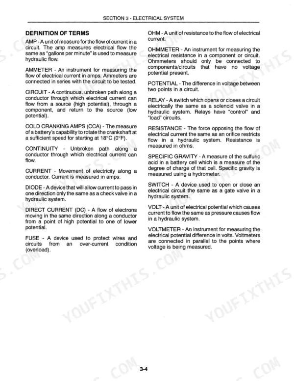 New Holland 9184, 9384, 9484, 9684, 9884 tractor electrical glossary page with definitions of terms such as amp, ohm, relay and volt