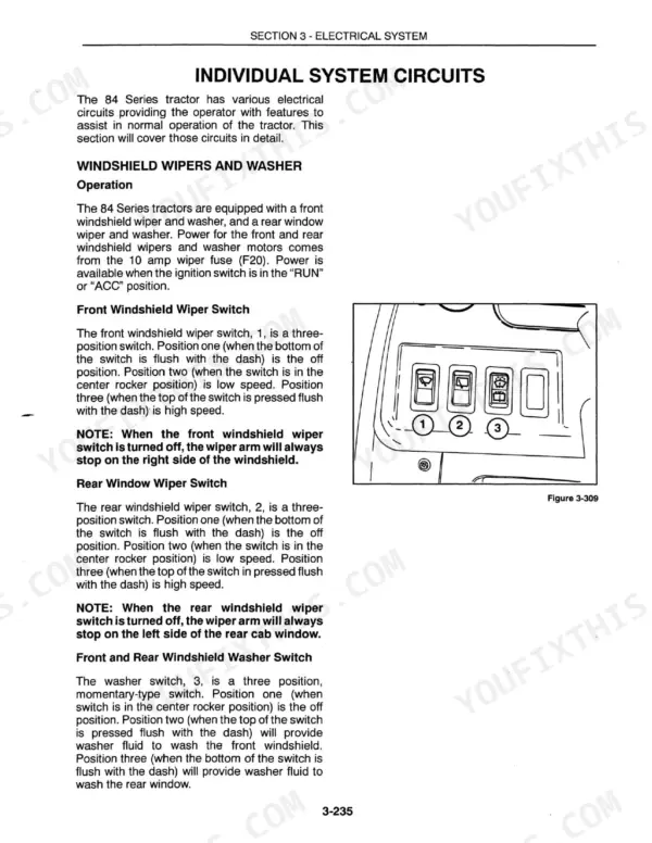 New Holland 9184, 9384, 9484, 9684, 9884 tractor windshield wiper and washer switch descriptions with dash switch illustration