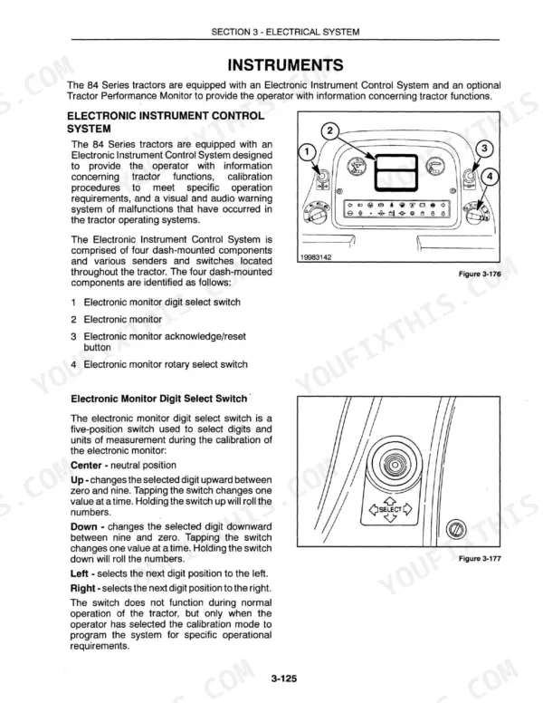 New Holland 9184, 9384, 9484, 9684, 9884 tractor electronic instrument control system page with dash component and digit select switch illustrations