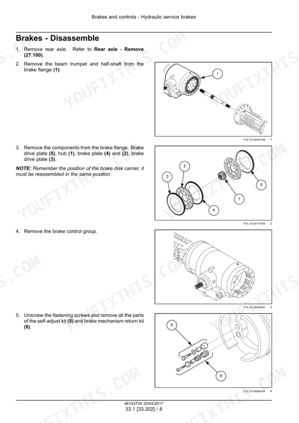 New Holland B80B backhoe loader hydraulic service brakes disassembly procedure