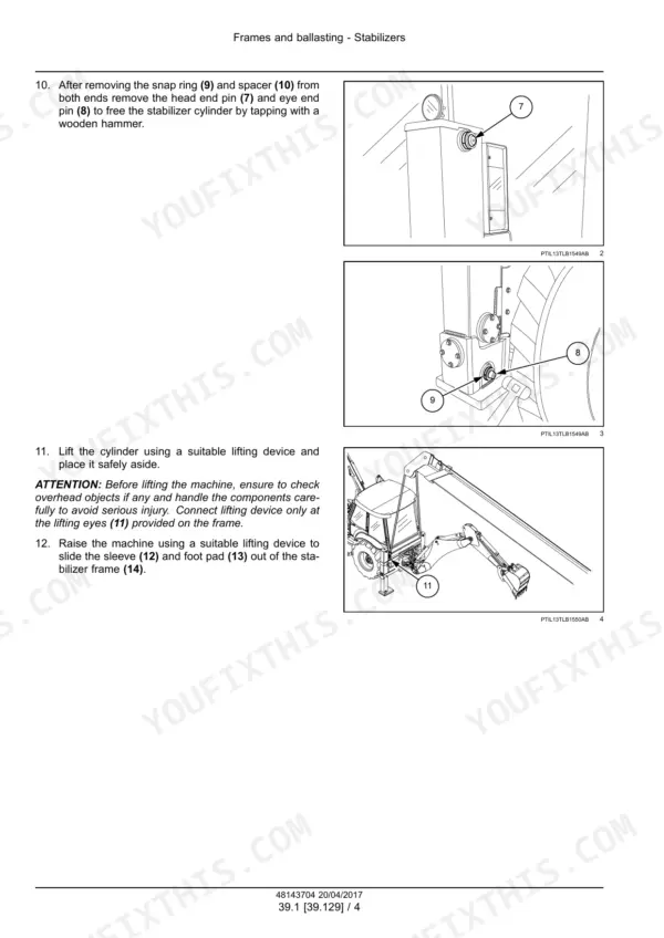 New Holland B80B backhoe loader stabilizer cylinder removal procedure