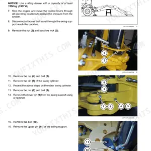 New Holland B95C, B110C tractor loader backhoe step-by-step photos of swing support disassembly with numbered nut, bolt and pin callouts