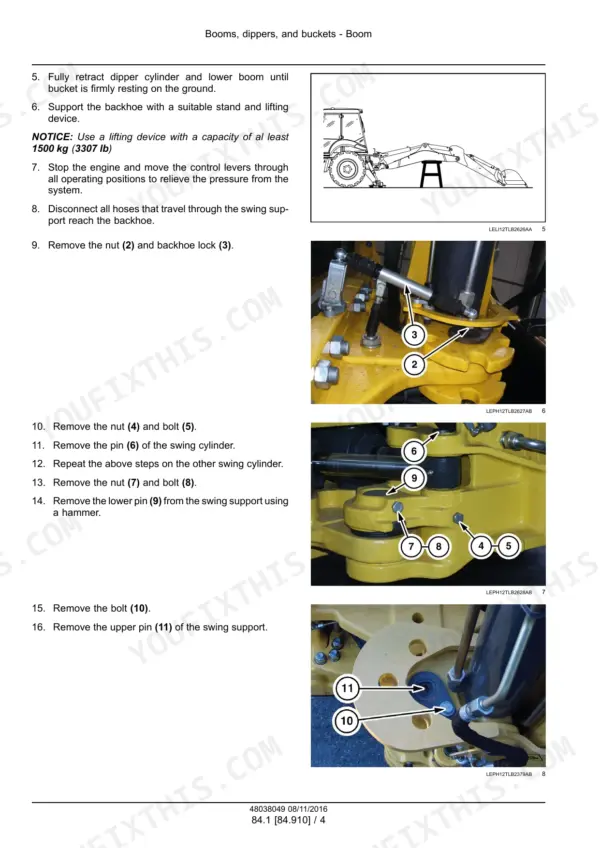 New_Holland_B95C_B95CLR_B95CTC_B110C_Tier_4B_Final_Service_Manual_Tractor_Loader_Backhoe_48038049.pdf-booms-dippers-and-buckets-2635-1.webp New Holland B95C, B110C tractor loader backhoe step-by-step photos of swing support disassembly with numbered nut, bolt and pin callouts