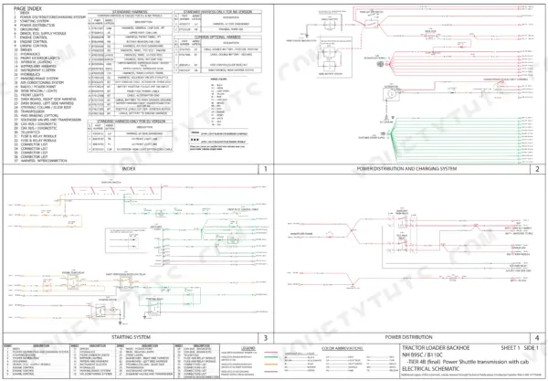 New Holland B95C, B110C tractor loader backhoe four-panel electrical schematic poster with page index, starting system and power distribution