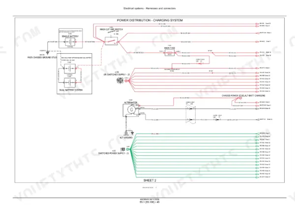 New Holland B95C, B110C tractor loader backhoe power distribution and charging system wiring schematic with battery, fuse, alternator and switch