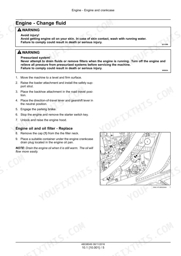 New Holland B95C, B110C tractor loader backhoe engine oil change page with warning boxes and photo of filler cap