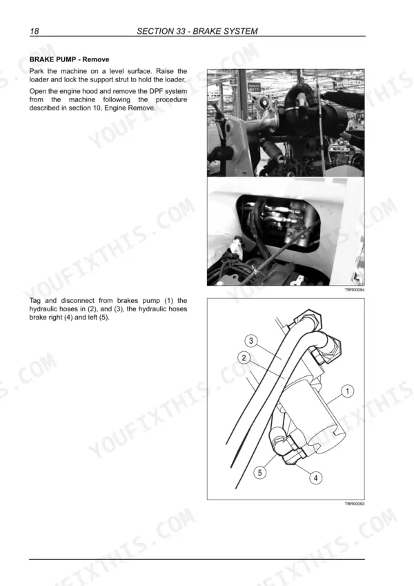 New Holland B95C, B110C loader backhoe brake pump removal photo and hose connection diagram