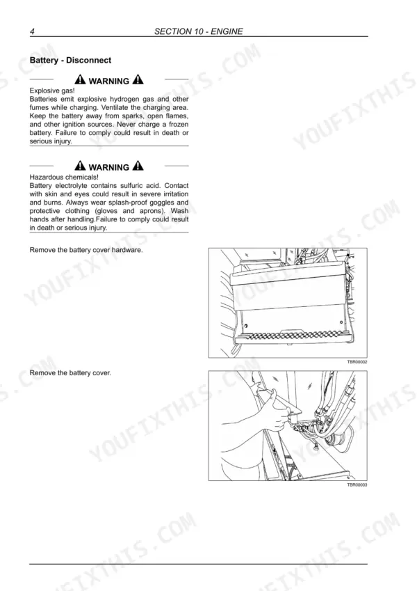 New Holland B95C, B110C loader backhoe battery cover removal photos