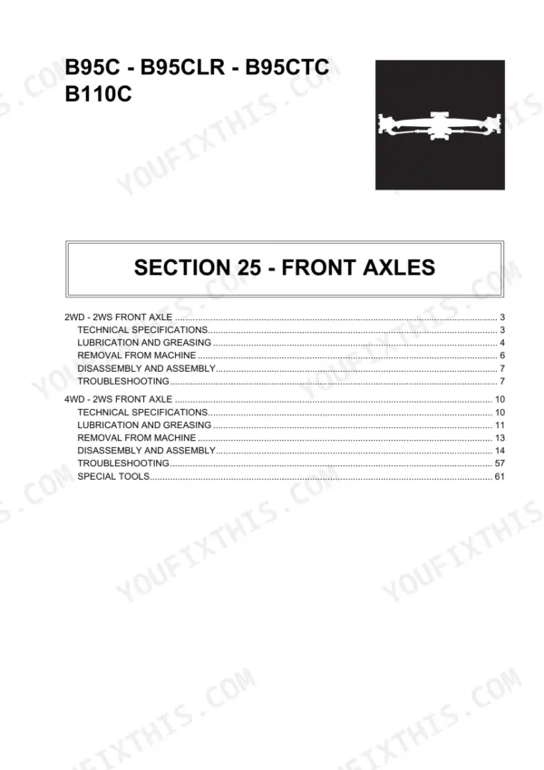 New Holland B95C, B110C loader backhoe front axles section title page with contents