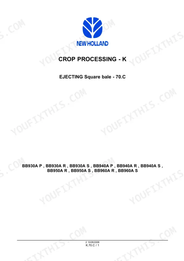 New Holland BB930A–BB960A big baler square bale ejecting section title page