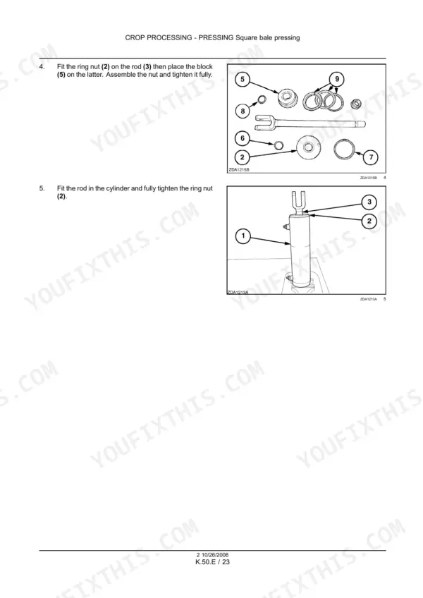 New Holland BB930A–BB960A big baler plunger rod and ring nut exploded view