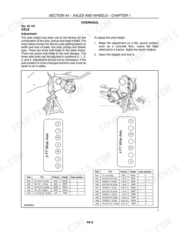 New_Holland_BR7060_BR7070_BR7080_BR7090_Round_Baler_Service_Manual_84217330.pdf-axles-and-wheels-351.webp New Holland BR7060-BR7090 Series round baler axle height adjustment page with wide axle bolt position charts by bale size, tire and pickup