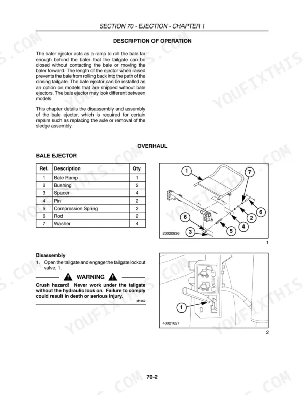 New Holland BR7060-BR7090 Series round baler bale ejector description of operation with parts table and exploded ramp diagram