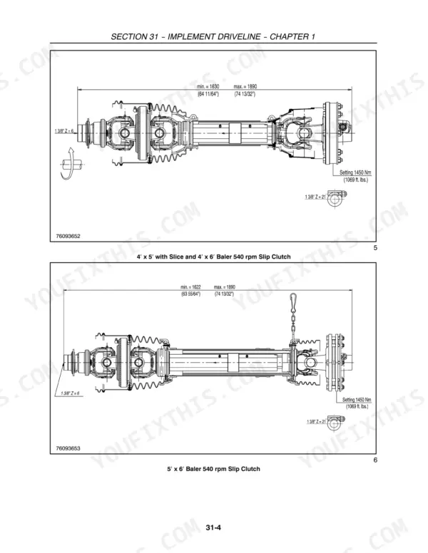 New Holland BR7060-BR7090 Series round baler PTO driveline drawings for 540 rpm slip clutch shafts with clutch setting callouts