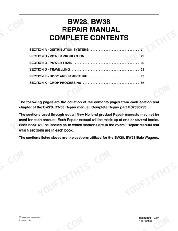 New Holland BW28, BW38 bale wagon repair manual complete contents
