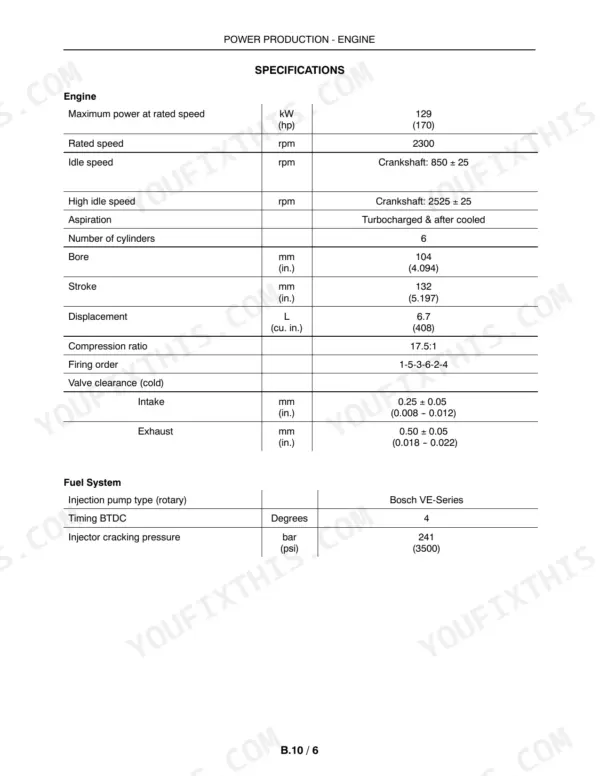 New Holland BW28, BW38 bale wagon engine specifications