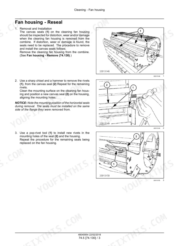 New Holland CR5.85 combine cleaning fan housing reseal procedure
