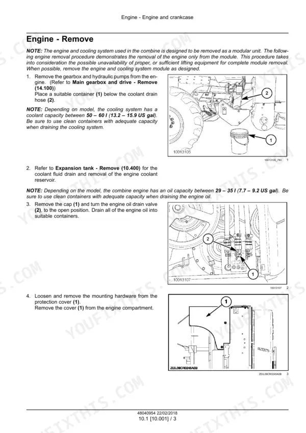New Holland CR5.85 combine engine removal procedure