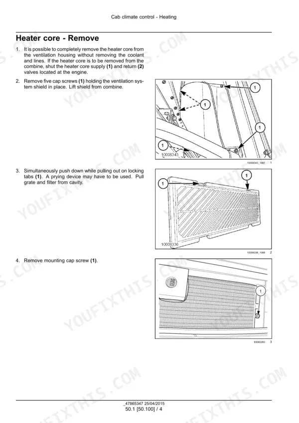 New Holland CR6.80, CR6.90, CR7.90, CR8.90, CR9.90 combine heater core removal steps with ventilation shield and grate