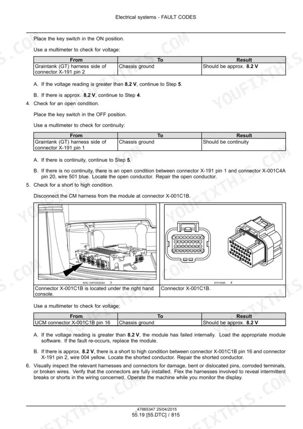 New Holland CR6.80, CR6.90, CR7.90, CR8.90, CR9.90 combine fault code voltage and continuity check with connector illustration