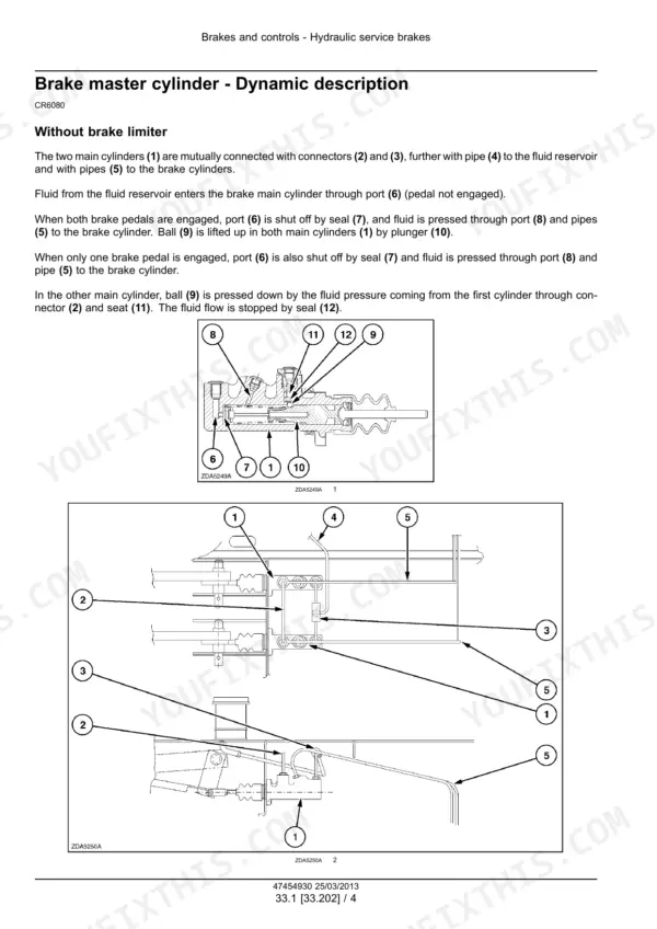 New_Holland_CR6080_Service_Manual_Combine_47454930.pdf-brakes-and-controls-376.webp New Holland CR6080 combine brake master cylinder cross-section and brake line layout diagrams