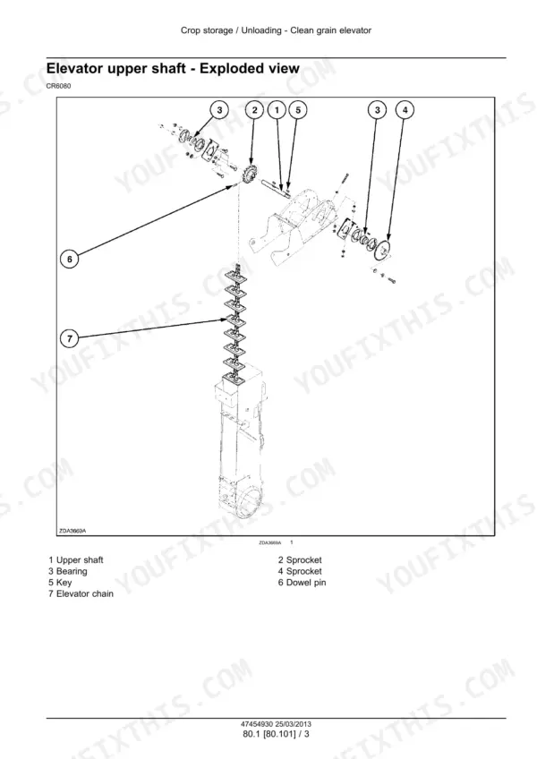 New Holland CR6080 combine exploded view of elevator upper shaft, sprockets and chain