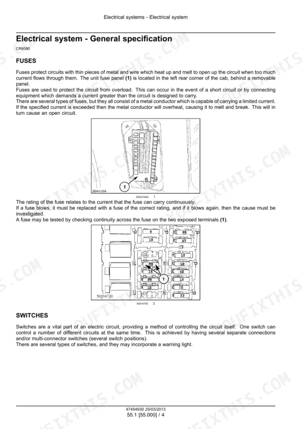 New Holland CR6080 combine fuse panel and fuse box terminal photos with switch description