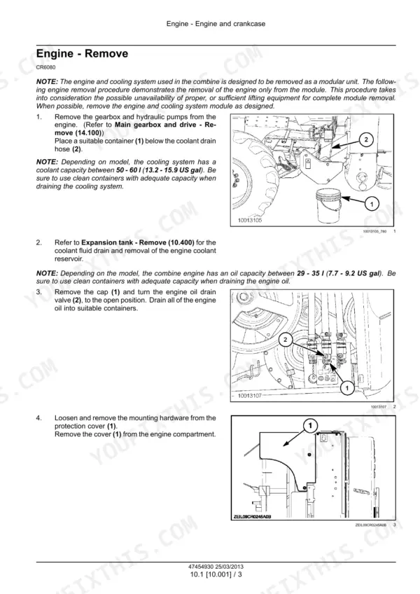 New Holland CR6080 combine engine removal procedure with coolant drain and oil drain valve