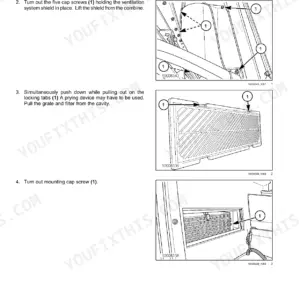 New Holland CR7.80, CR7.90, CR8.80, CR8.90, CR9.80, CR9.90, CR10.90 combine heater core removal steps with ventilation shield, grate and cap screw photos
