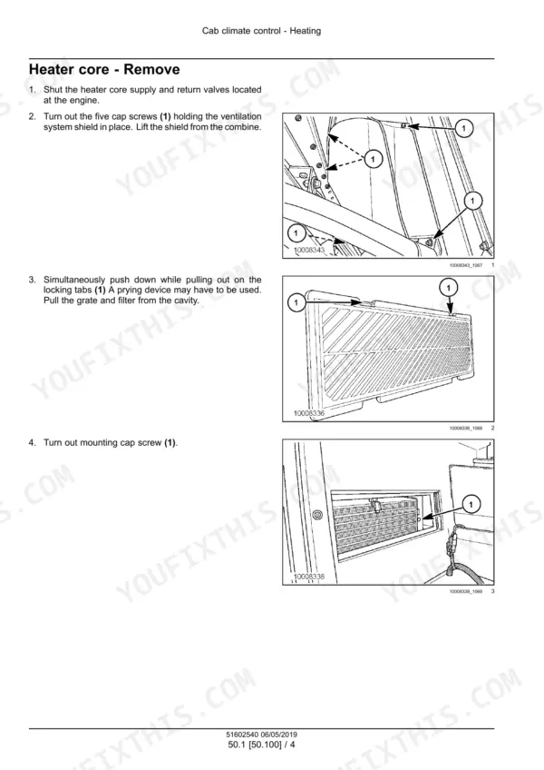 New_Holland_CR7.80_CR7.90_CR8.80_CR8.90_CR9.80_CR9.90_CR10.90_Tier_4_Stage_IV_Tier_2_Revalation_Service_Manual_Combine_51602540.pdf-cab-climate-control-995.webp New Holland CR7.80, CR7.90, CR8.80, CR8.90, CR9.80, CR9.90, CR10.90 combine heater core removal steps with ventilation shield, grate and cap screw photos