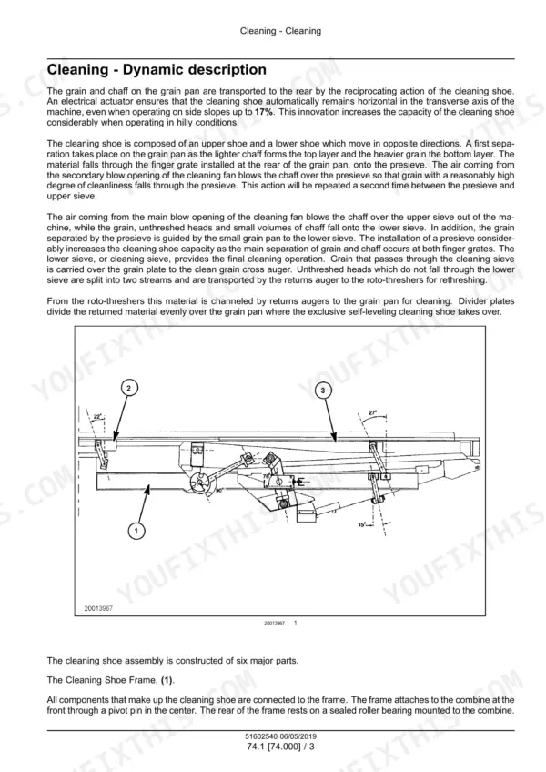 New Holland CR7.80, CR7.90, CR8.80, CR8.90, CR9.80, CR9.90, CR10.90 combine cleaning shoe dynamic description text with sieve assembly side view diagram