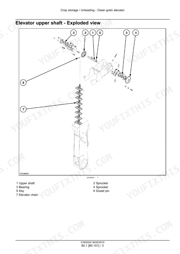 New Holland CR7.80, CR7.90, CR8.80, CR8.90, CR9.80, CR9.90, CR10.90 combine elevator upper shaft exploded view with numbered parts legend