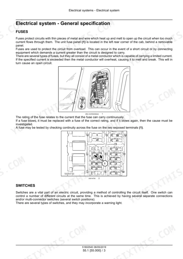 New Holland CR7.80, CR7.90, CR8.80, CR8.90, CR9.80, CR9.90, CR10.90 combine fuses and switches general specification text with fuse panel photos
