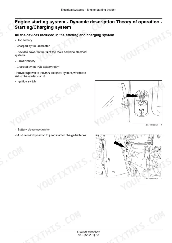 New Holland CR7.80, CR7.90, CR8.80, CR8.90, CR9.80, CR9.90, CR10.90 combine starting and charging system description with ignition switch and battery disconnect photos