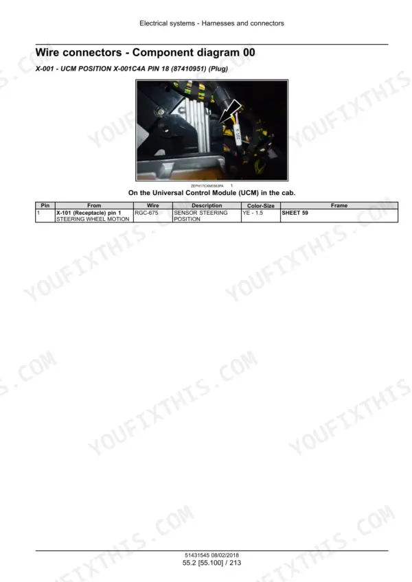 New Holland CX5.80, CX5.90, CX6.80, CX6.90 combine control module connector pin table with photo