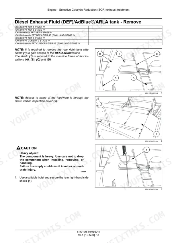New Holland CX5.80, CX5.90, CX6.80, CX6.90 combine exhaust fluid tank removal procedure with shield illustrations