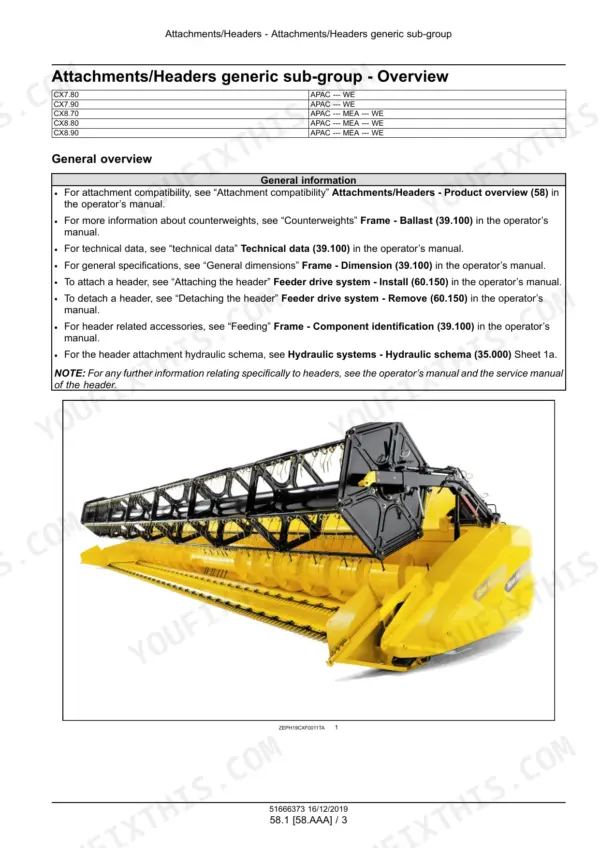 New_Holland_CX7.80_CX7.90_CX8.70_CX8.80_CX8.90_Service_Manual_Combine_51666373.pdf-attachments-headers-and-product-feeding-5434-1.webp New Holland CX7.80-CX8.90 combine combine header attachment photo above an overview table of compatible models and notes