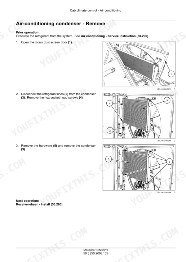 New Holland CX7.80-CX8.90 combine three numbered photos of air conditioning condenser removal steps with callouts