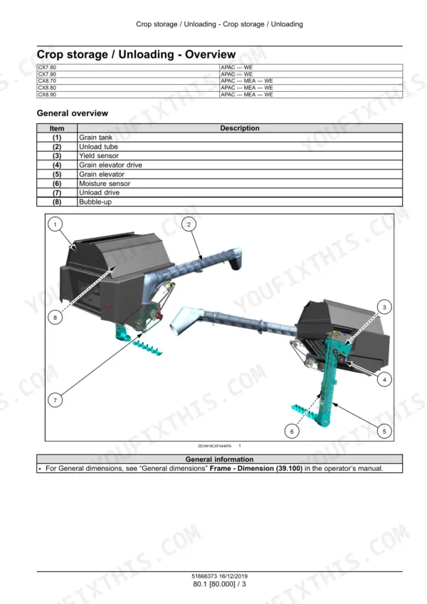 New Holland CX7.80-CX8.90 combine grain tank and unload tube with elevator exploded diagram, numbered parts table