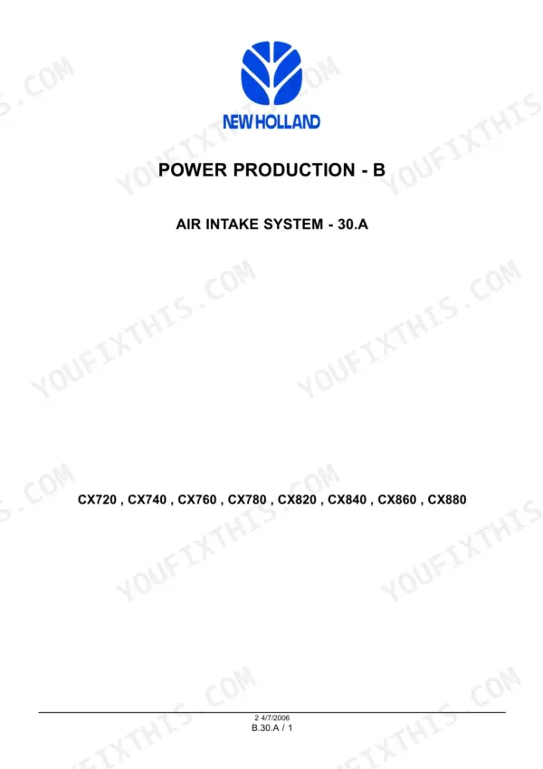 New Holland CX720–CX880 combine Section title page for the air intake system with applicable model list