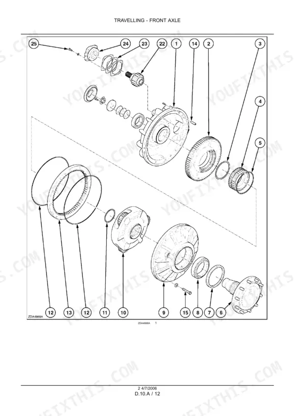 New Holland CX720–CX880 combine Numbered exploded view of front axle final drive gears, bearings, housing and hub