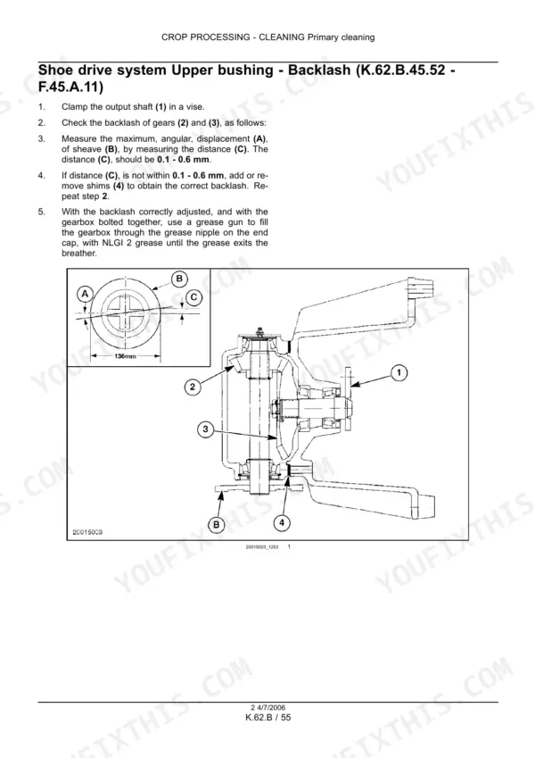 New Holland CX720–CX880 combine Cutaway diagram of shoe drive gearbox with numbered gears, shims and backlash measurement