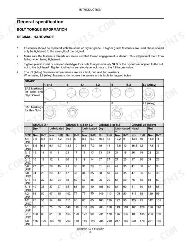 New Holland D75, D85, D95 crawler dozer Bolt torque information page for decimal hardware