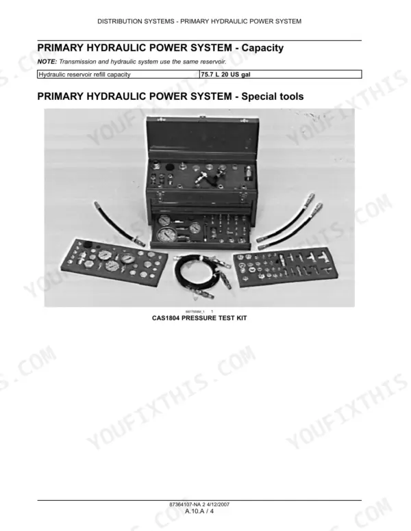New Holland D75, D85, D95 crawler dozer Hydraulic reservoir capacity and pressure test kit page