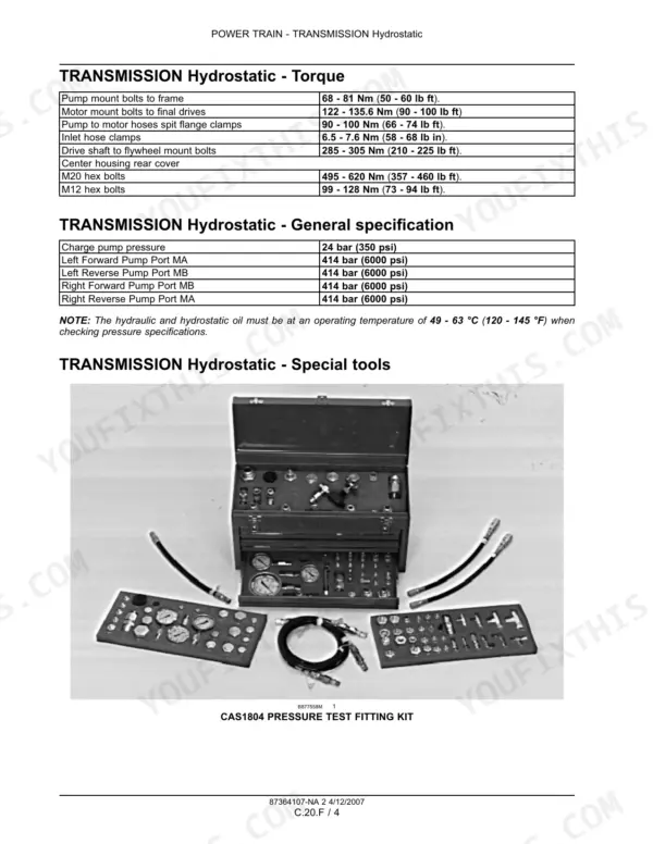 New Holland D75, D85, D95 crawler dozer Hydrostatic transmission torque values for pump and motor mounts
