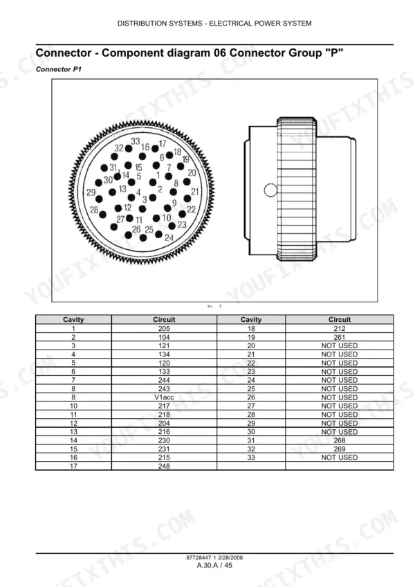 New Holland D85B and D95B crawler dozer large circular connector P1 drawing